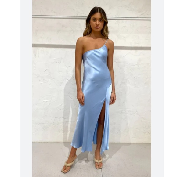 Bec + Bridge Dress Salton Sea Midi Satin One Shoulder in Baby Blue
